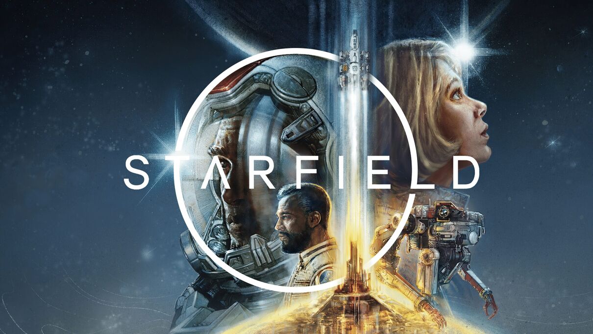 Personnages de Starfield regardant dans différentes directions avec le logo de Starfield à droite